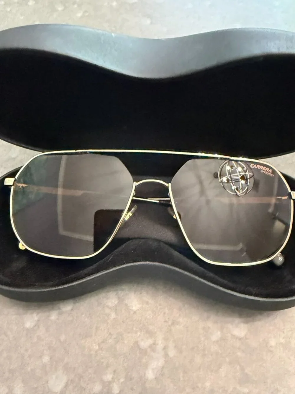 Carrera Gold-Tone Aviator Sunglasses with Black Lenses & Hard Case